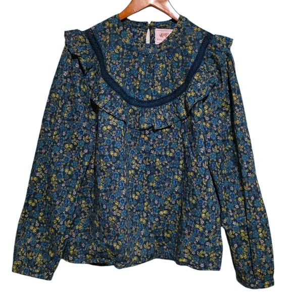 Banjanan Ruffle Bib Blouse in Hedgehog Dark Denim Size Large - Picture 1 of 3